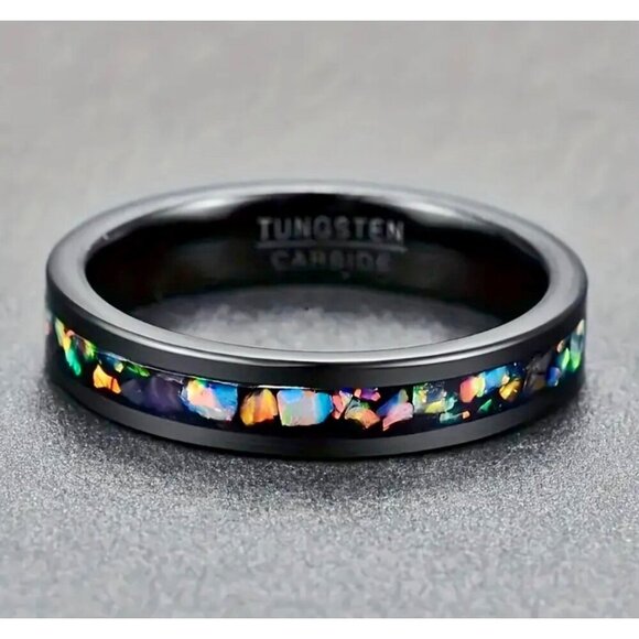 Black Tungsten Carbide Band Ring Rainbow Opal Inlay Size 9.5 NWT Unisex - Picture 1 of 7